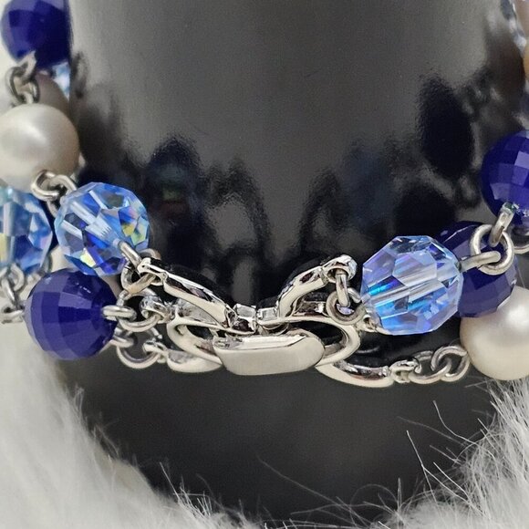 Trifari Silver Tone Blue Crystal Faux Pearl Three Strand Bracelet - Picture 5 of 7